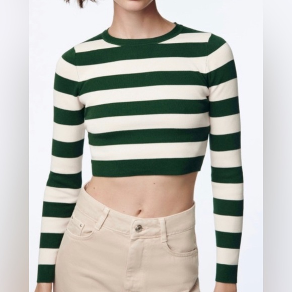 Zara Tops - Zara Green and White Striped Long Sleeve